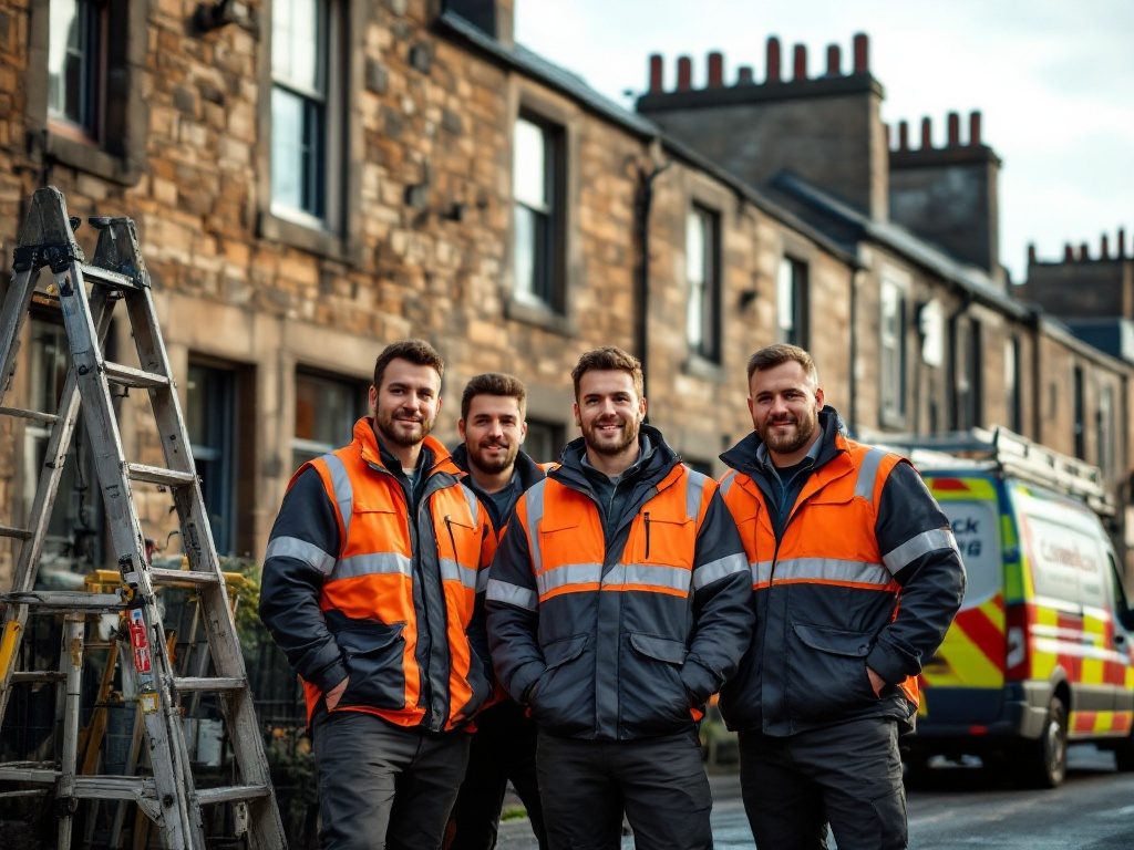 Castlerock Roofing team in PPE outside a traditional Edinburgh tenement