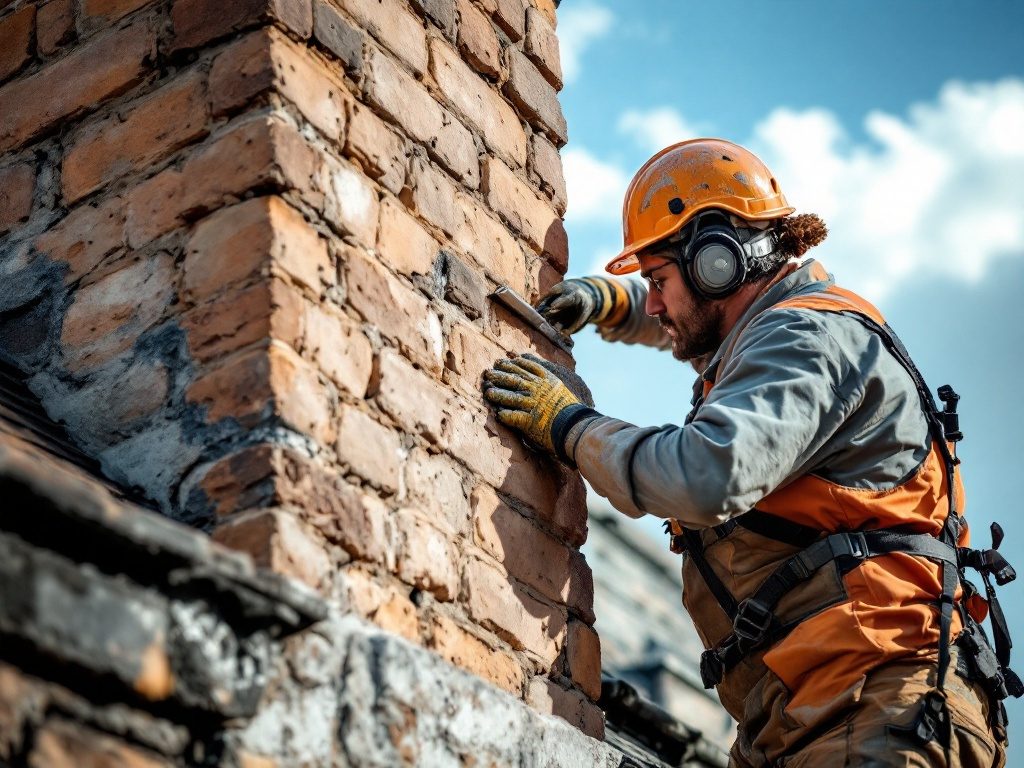 Stonemason repointing an Edinburgh tenement chimney stack