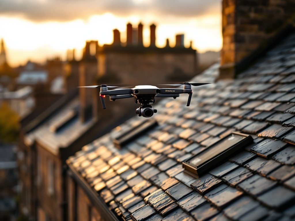 Survey drone rising over Edinburgh's historic slate rooftops at golden hour