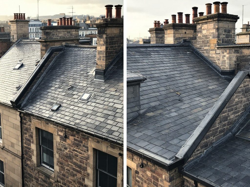 Restored A-listed New Town townhouse roof in matched Scotch slate