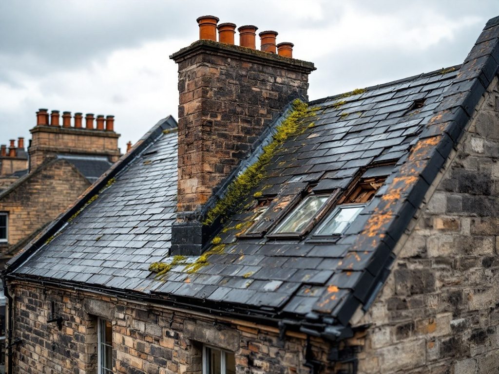 Before: a weathered listed tenement roof with slipped and missing slates and failing lead flashing