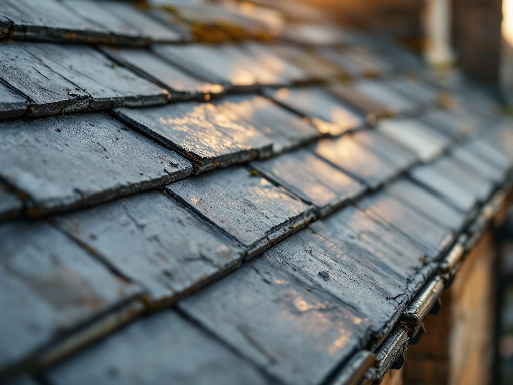 Traditional Scottish slate roof detail with lead flashing