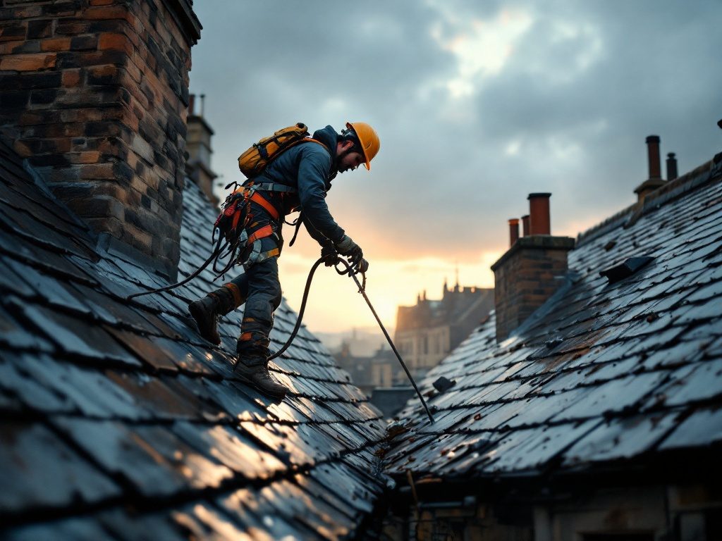Roofer carrying out an emergency storm repair on a slate roof