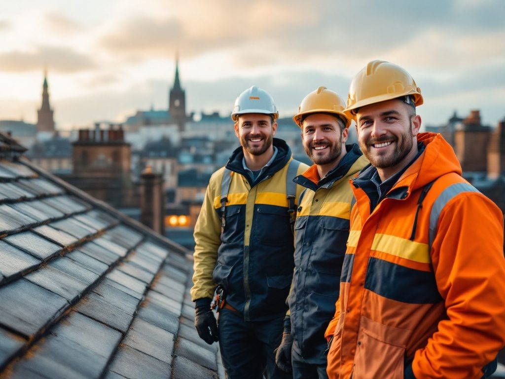The tidy Castlerock Roofing team in PPE on an Edinburgh rooftop